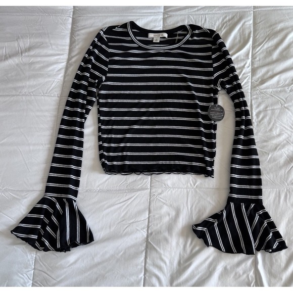 Adam Levine Collection Tops - New Adam Levine Semi Cropped Trumpet Sleeve Medium Black Striped Top NWT